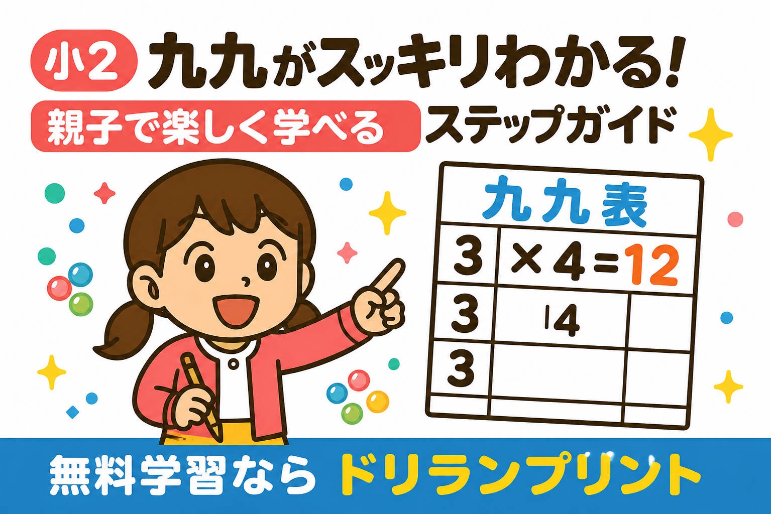 小2算数の九九(かけ算)がスッキリわかる親子学習ガイドのアイキャッチ画像。九九表とちびキャラクターのイラスト