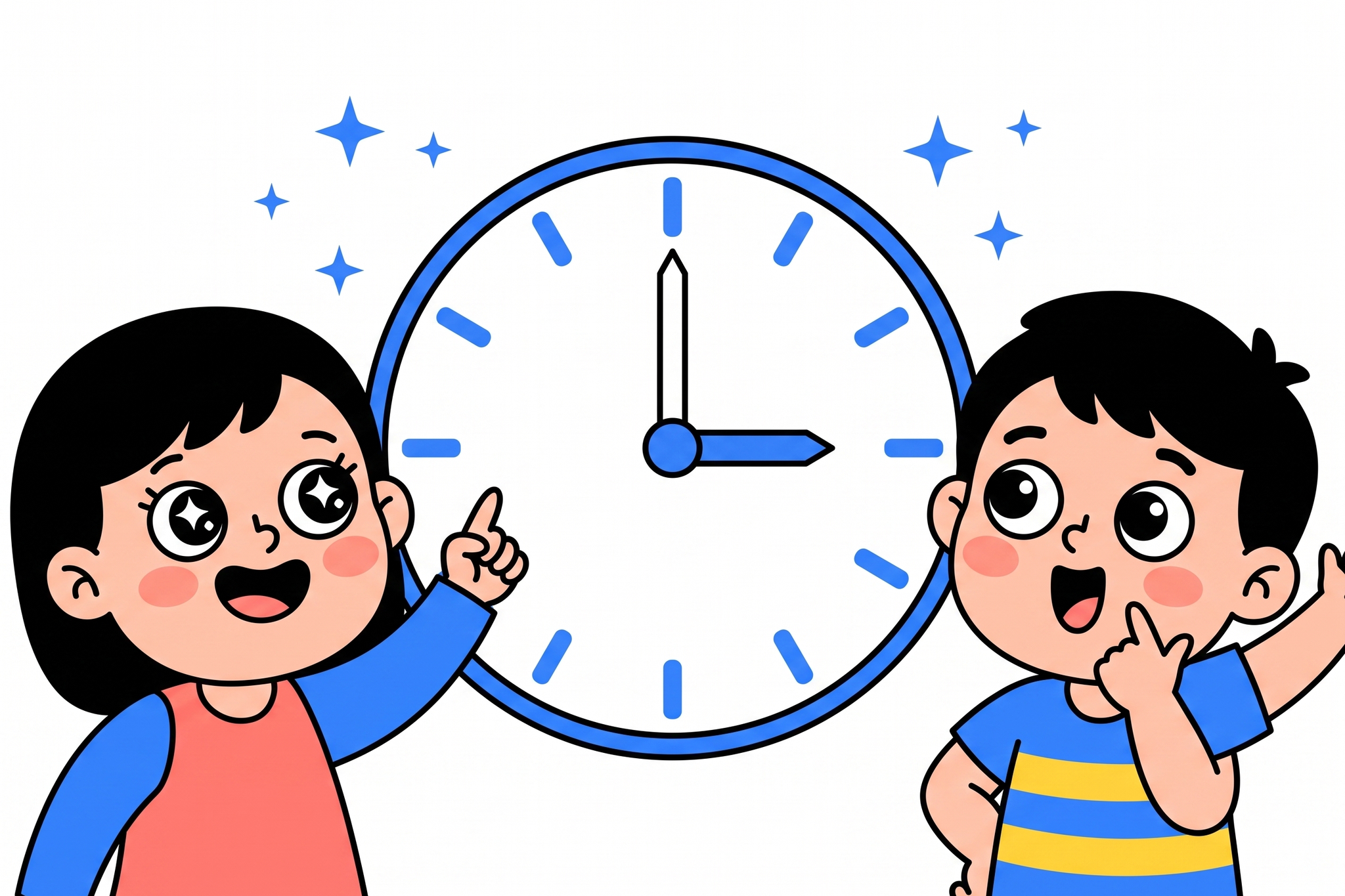 大きなアナログ時計を仲よく見上げてわくわくした表情の1年生くらいの男の子と女の子のイラスト