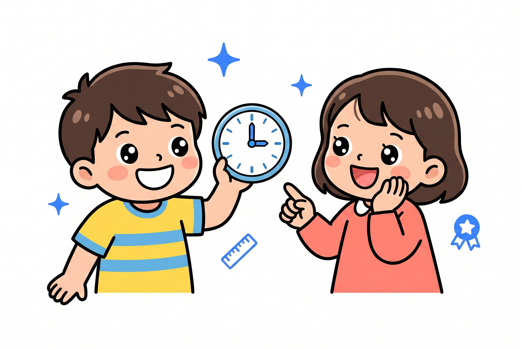 おもちゃの時計を持ち上げてにこにこ練習する1年生くらいの男の子と女の子のイラスト