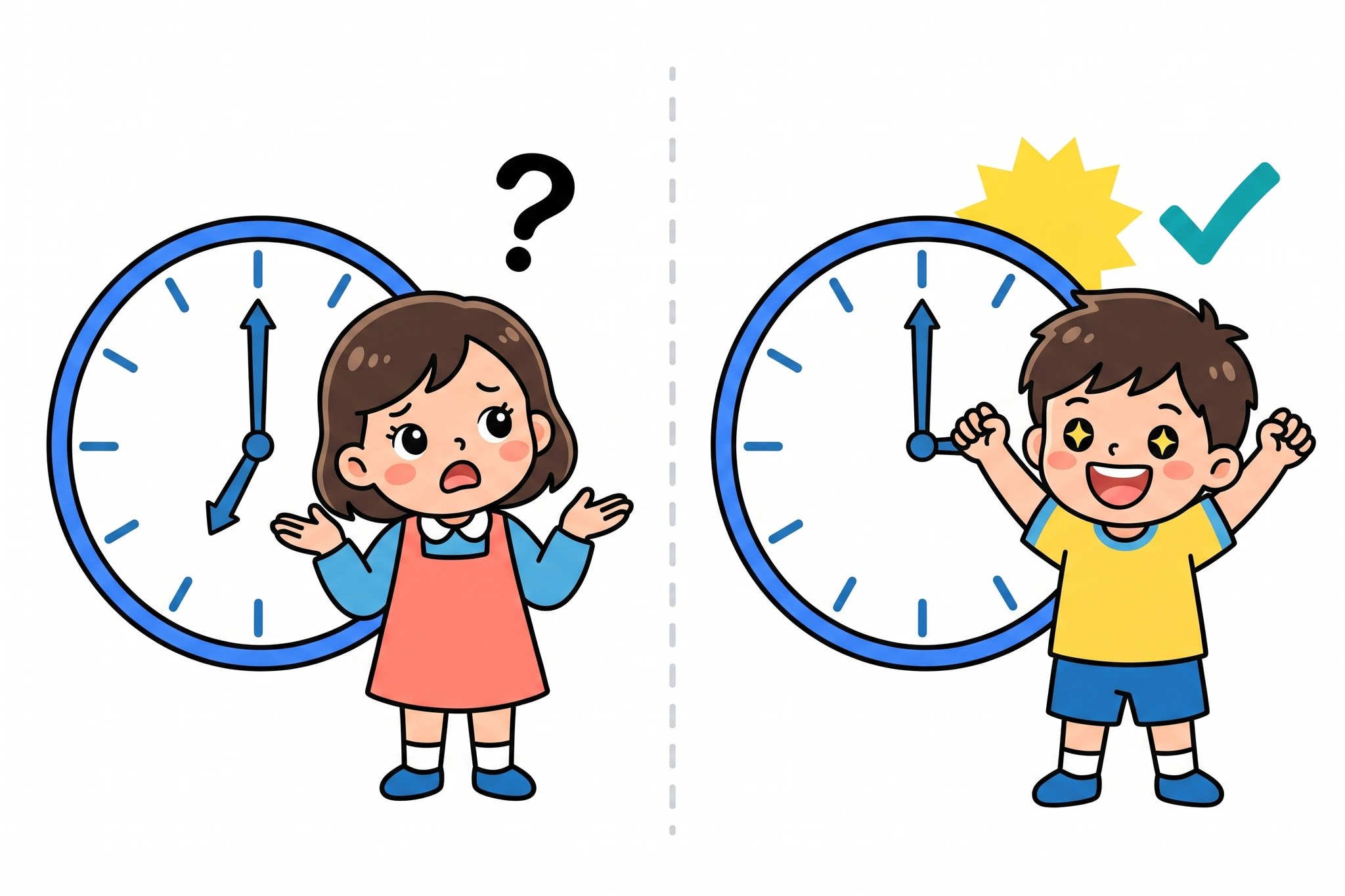 時計を見て首をかしげる困惑した子どもと、笑顔でわかった!と喜ぶ子どものイラスト対比