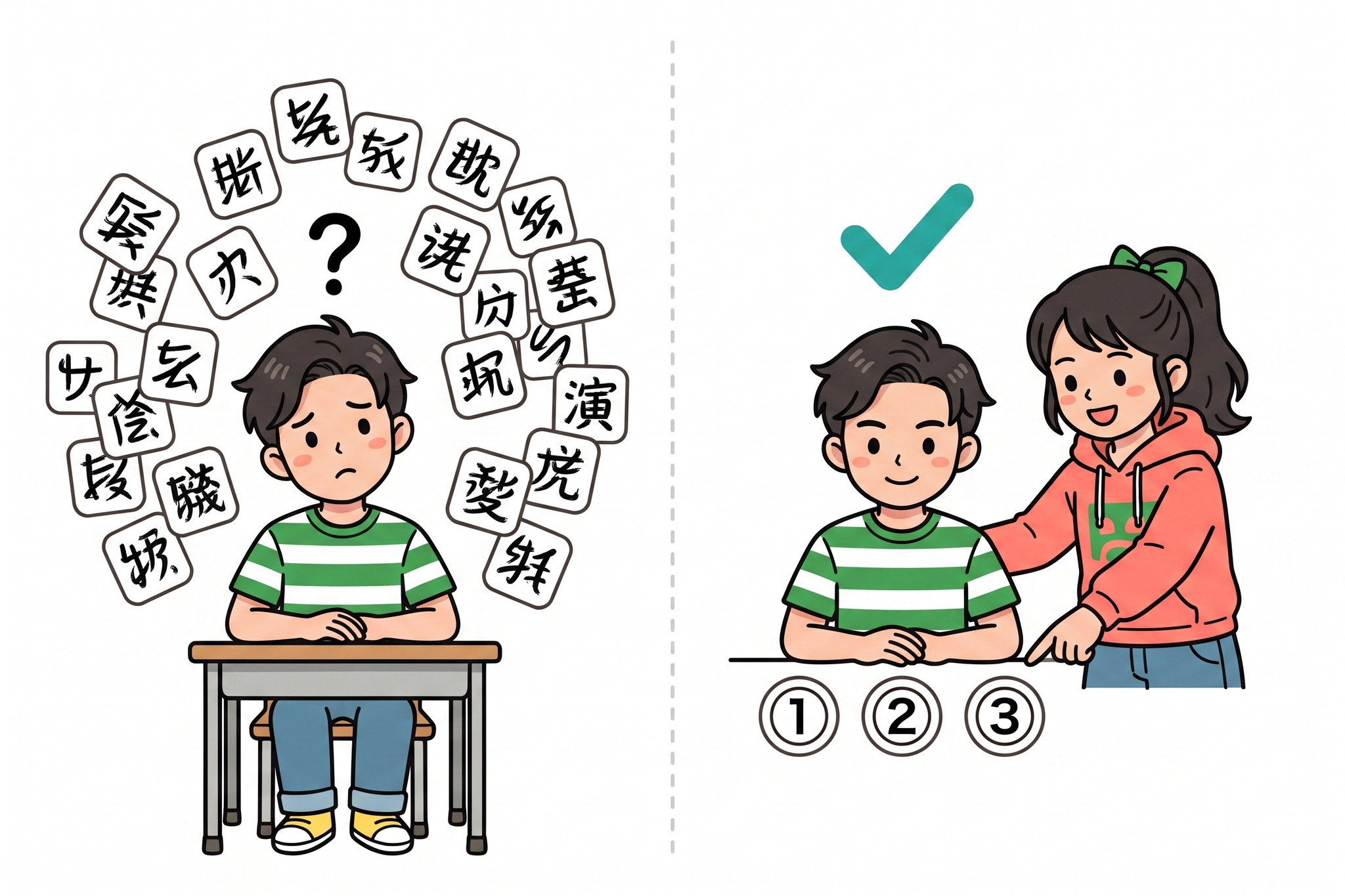 読めない複雑な文字の飾りタグに囲まれて困惑する様子と、①②③の3つのポイントに整理されて落ち着いた様子を対比させた小学5・6年生くらいの男の子と女の子のイラスト