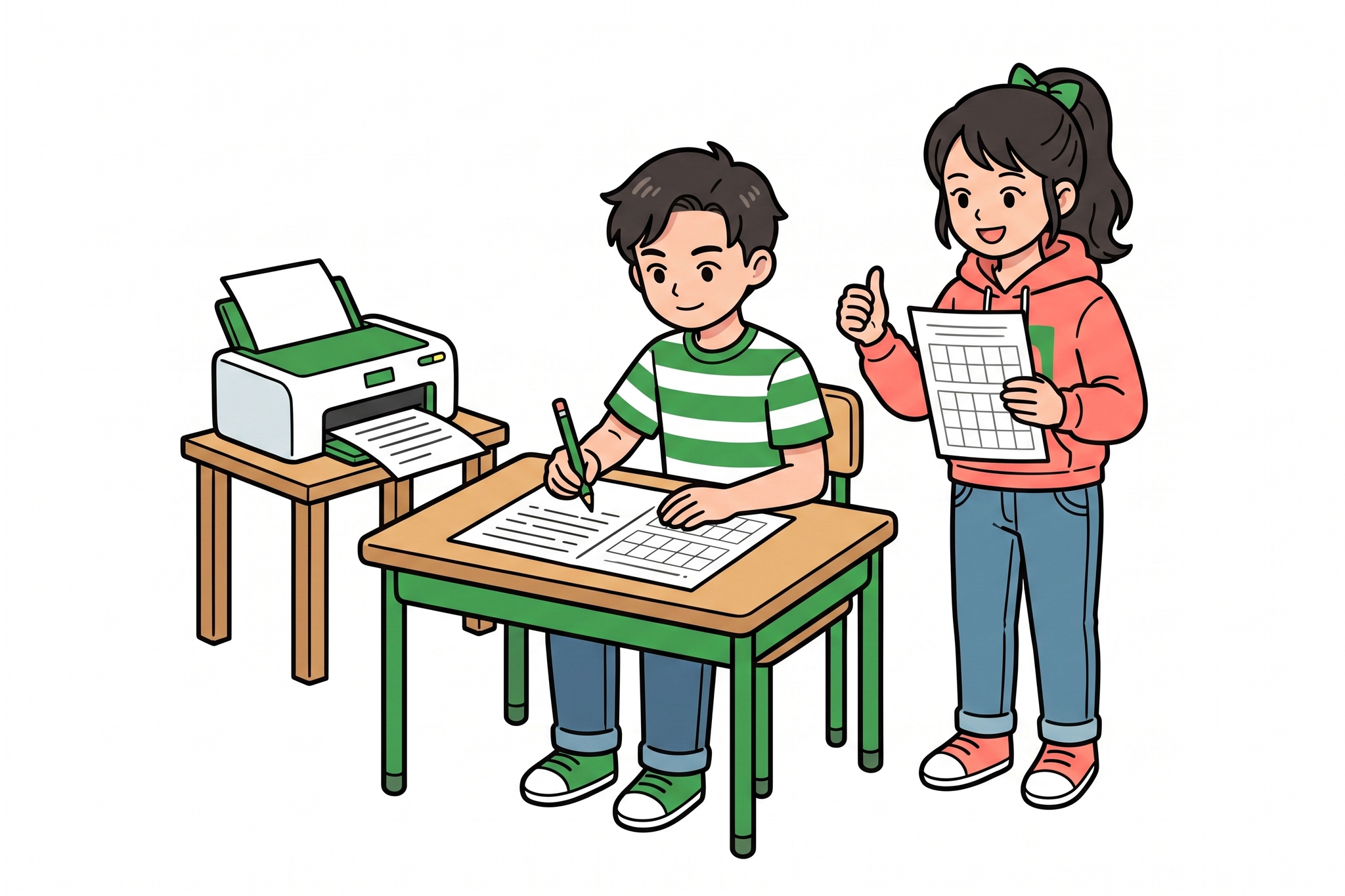 プリント教材に落ち着いて取り組む小学5・6年生くらいの子どもと、プリンターから出てくる用紙、応援するもう一人の子どものイラスト