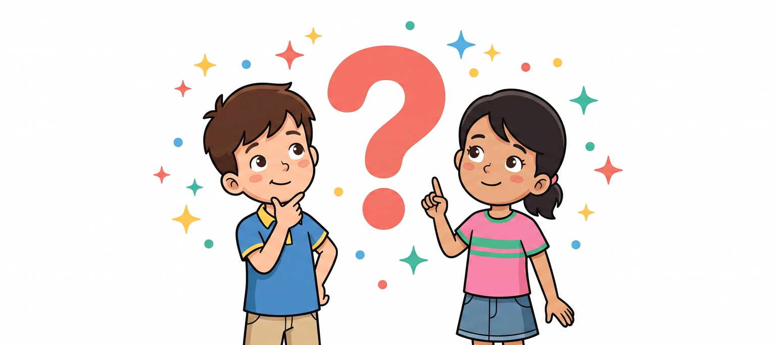 よくある質問セクションのイラスト。考える表情の男の子と指を立てて発言する女の子、大きな赤いはてなマーク