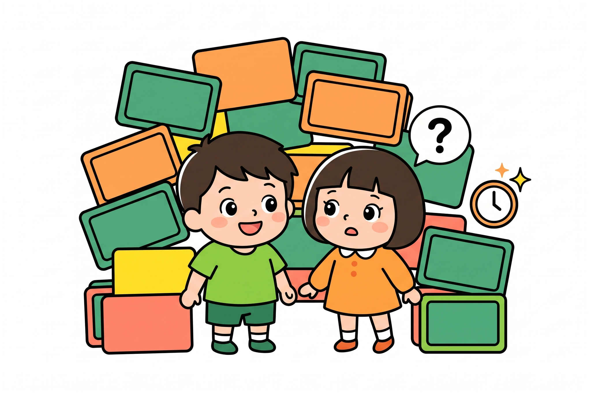 積み上がった漢字カードの山を見て少し戸惑いながらも笑顔の小学2年生の男の子と女の子のイラスト、はてなマークの吹き出し