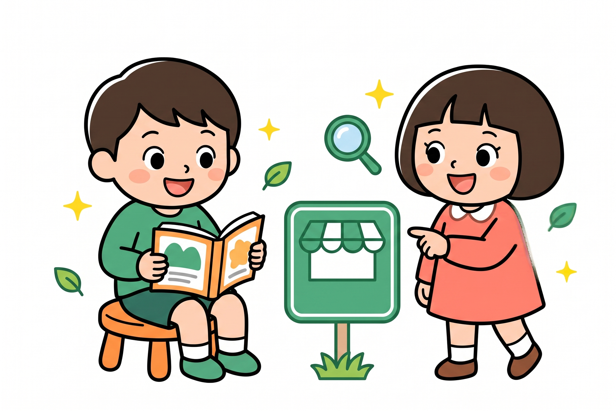 本を読む子どもと街の看板を指さして読もうとする子どものイラスト、読みの力を家庭で伸ばす学習法のイメージ