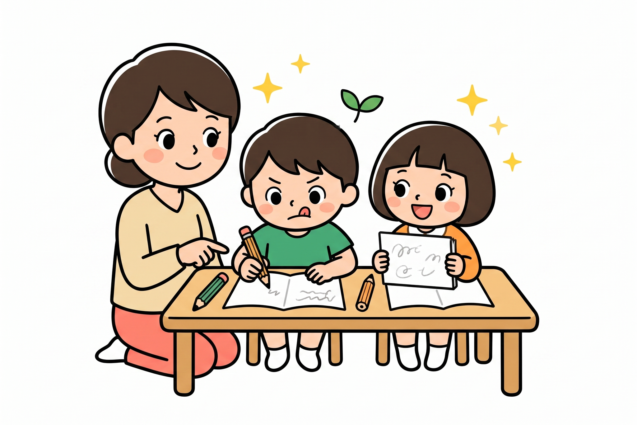 親子で一緒にノートに鉛筆で漢字を書く練習をする様子のイラスト、集中する子どもと見守る保護者