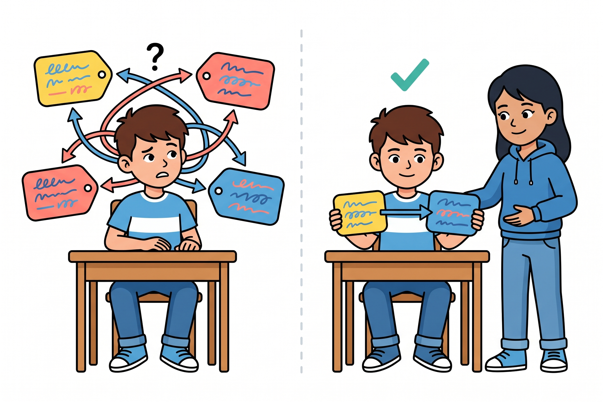 割合の言葉の難しさと理解できた様子を対比するイラスト