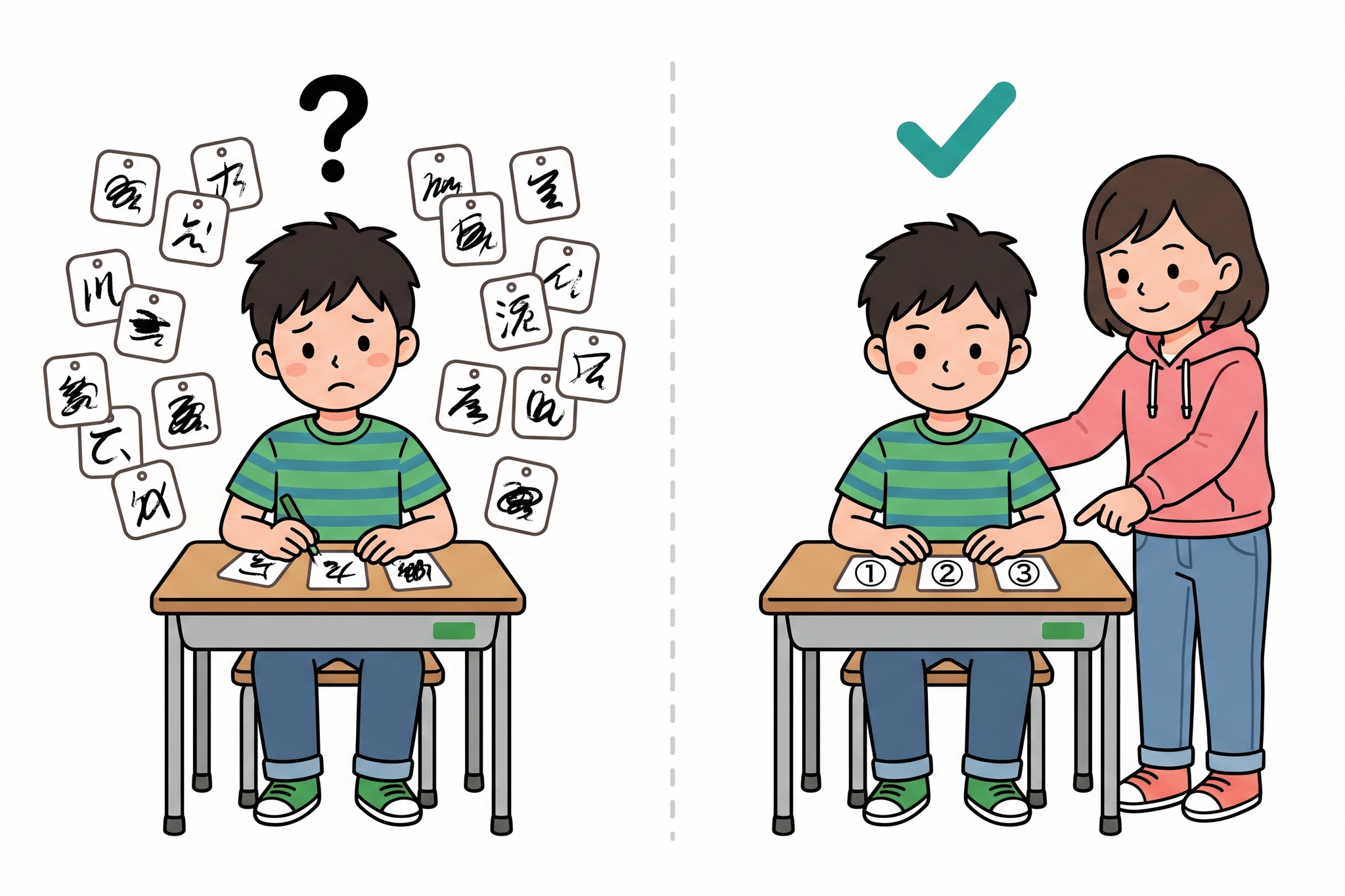 漢字学習の課題と整理ポイントを対比する子どもたちのイラスト