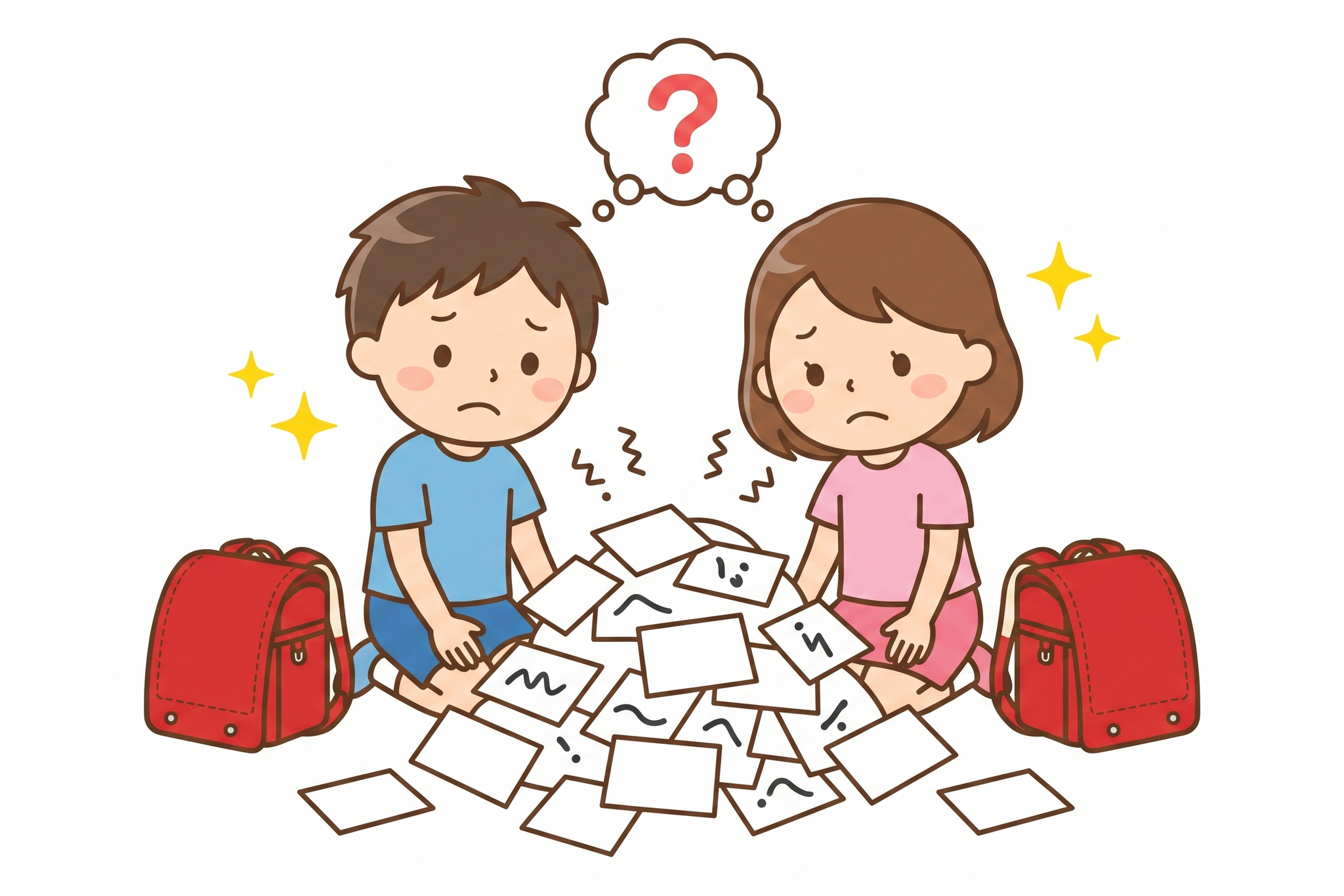 山積みの漢字カードを前に少し困りながらも意欲的な様子の男の子と女の子のイラスト