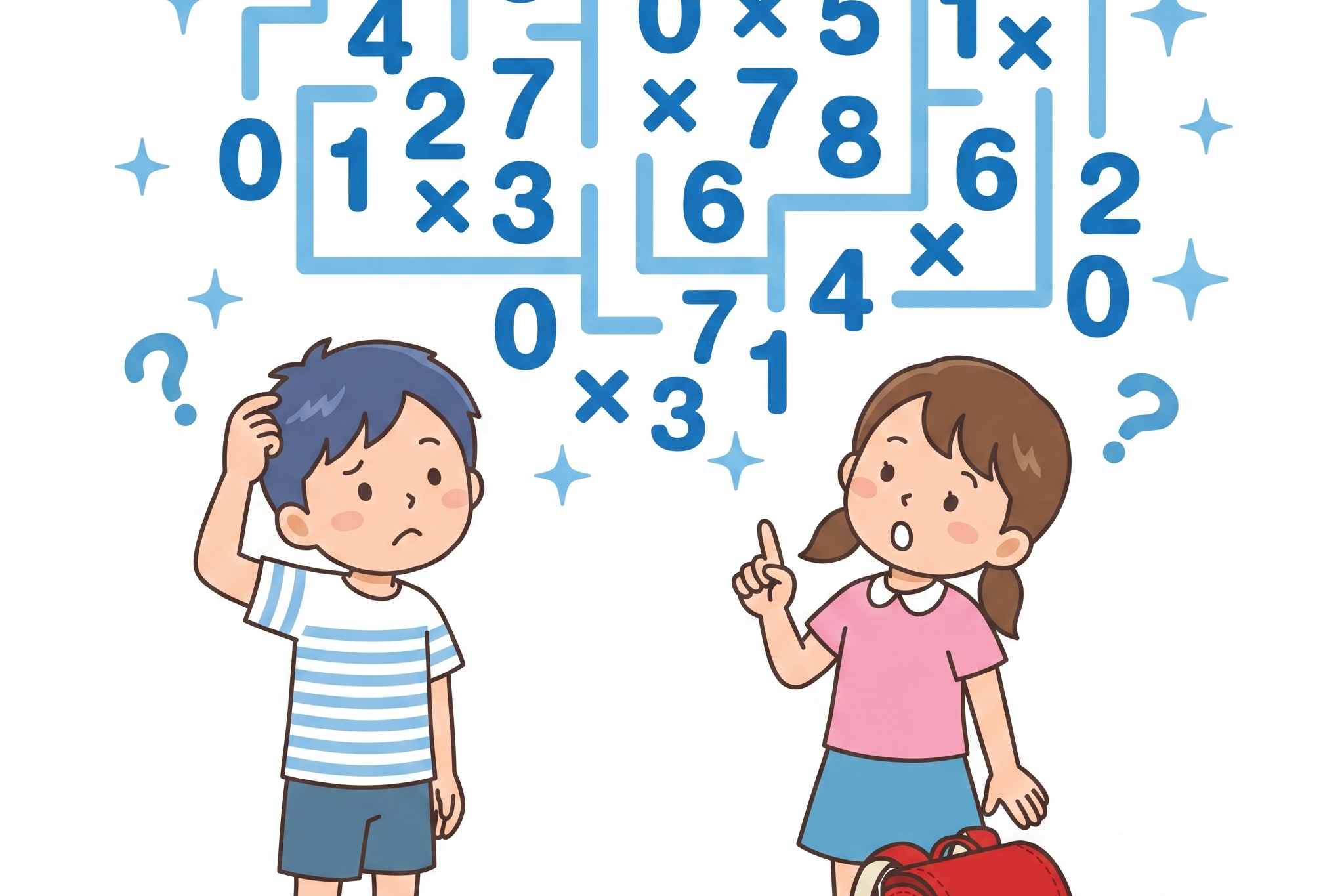 浮かぶ数字と×マークを前に首をかしげる小学3年生の男の子と女の子のイラスト、かけ算の筆算でつまずきやすいイメージ