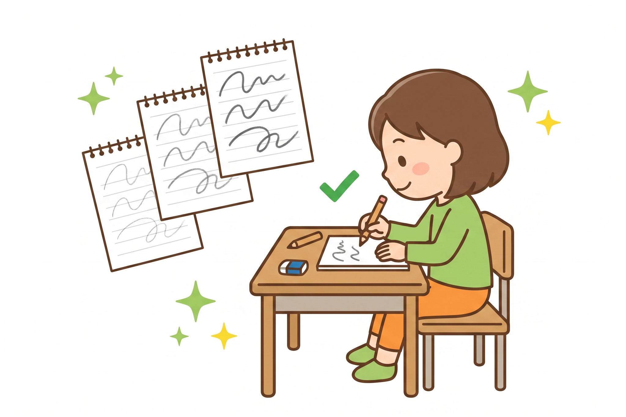 ノートに向かって鉛筆で書く練習をする小学3年生の女の子のイラスト、書き取り練習の段階的な上達を表現