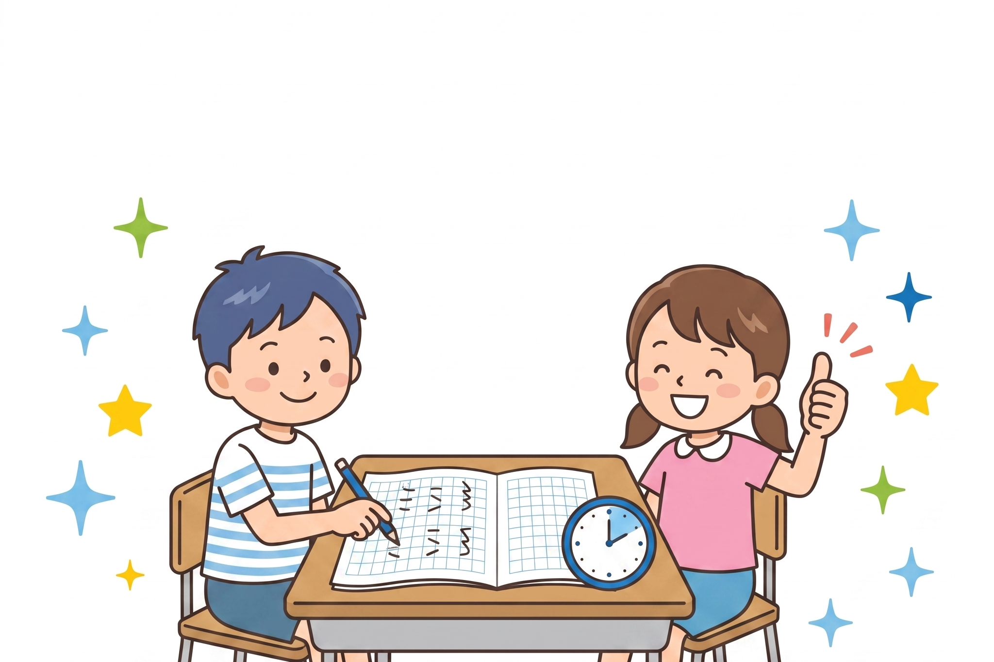 マス目ノートで毎日の練習に取り組む小学3年生の男の子と女の子のイラスト、おうちでの筆算練習をイメージした挿絵