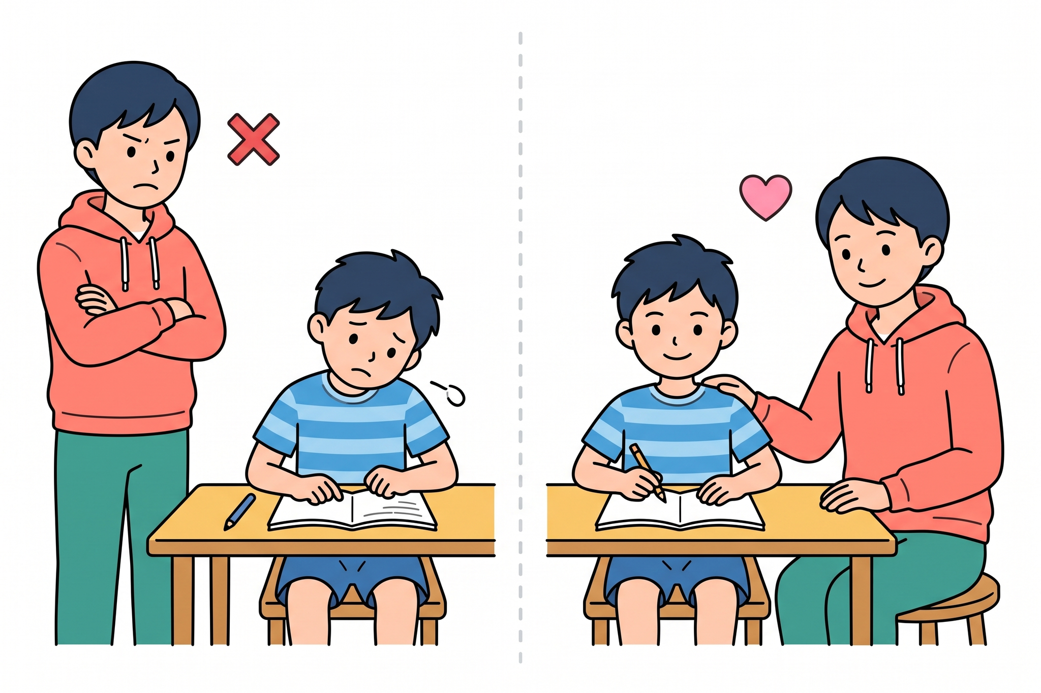 NG声かけとOK声かけの違いを示す親子のイラスト
