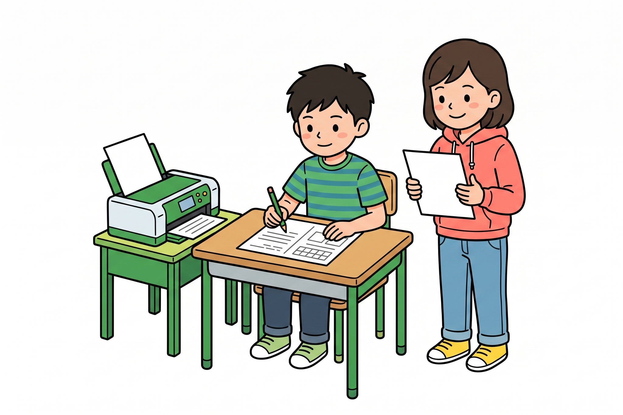 プリント教材に取り組む子どもたちのイラスト