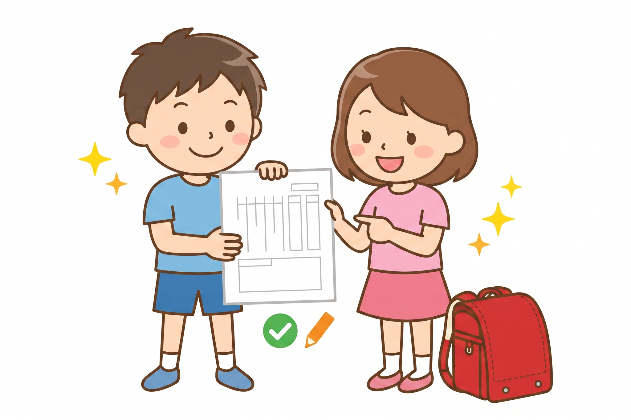無地の漢字練習プリントを笑顔で見せ合う男の子と女の子のイラスト