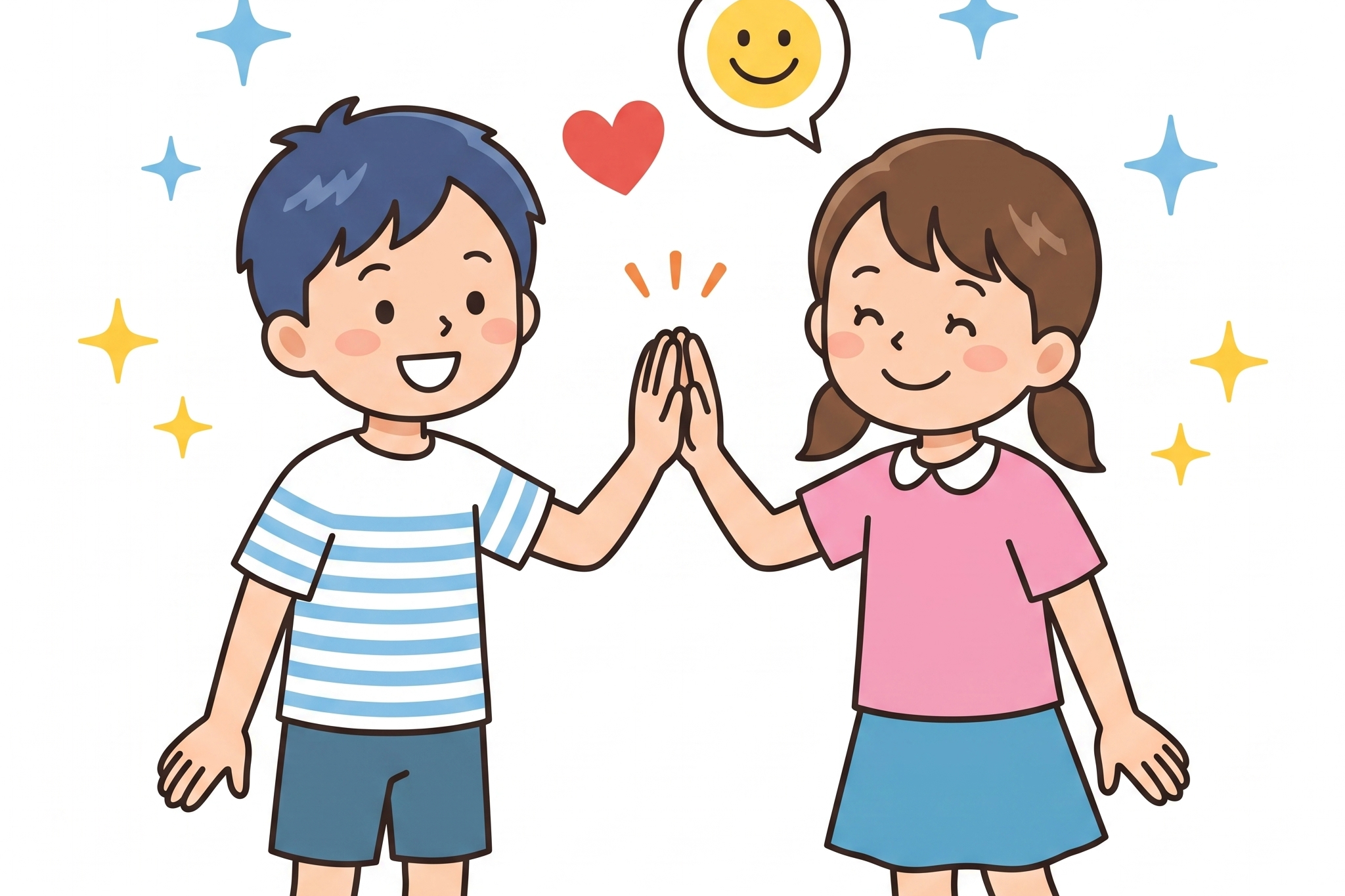 励まし合う小学3年生の男の子と女の子のイラスト、おうちでの前向きな声かけをイメージした挿絵