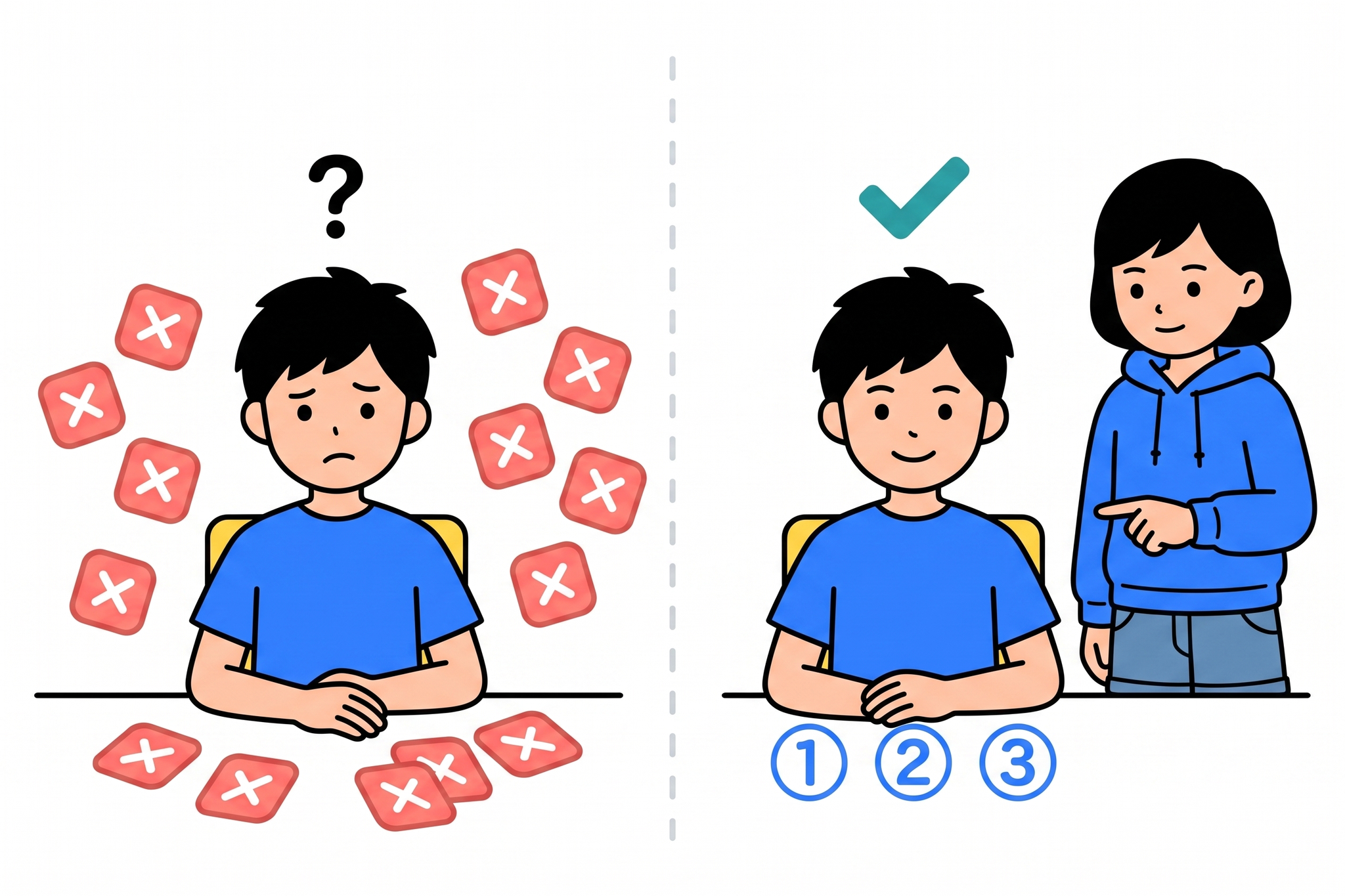 つまずきパターンと解決策を対比する子どもたちのイラスト