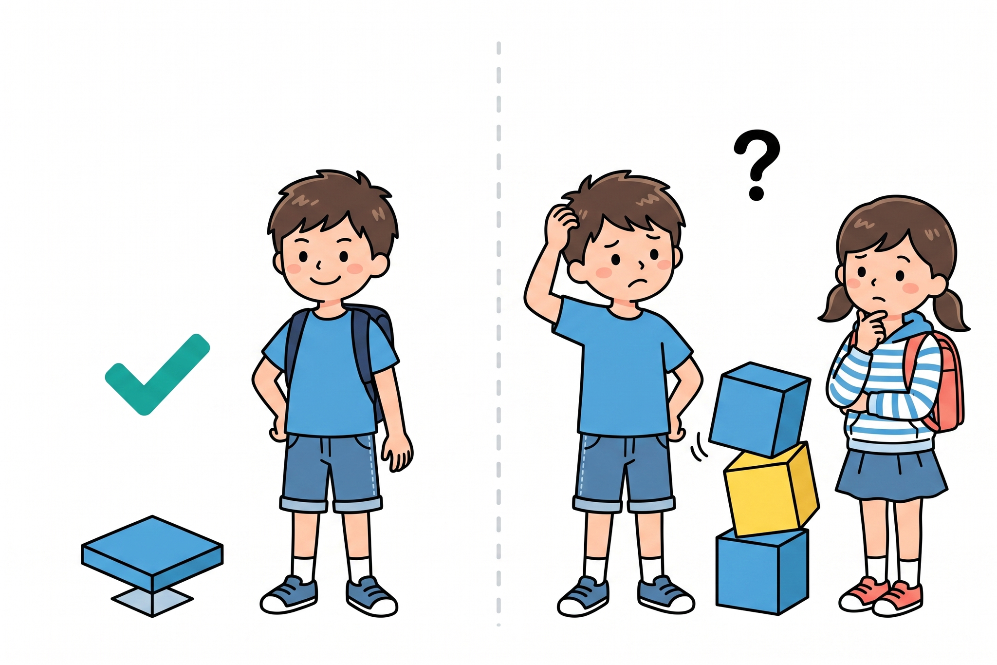 筆算の難しさの変化を表す子どもたちのイラスト
