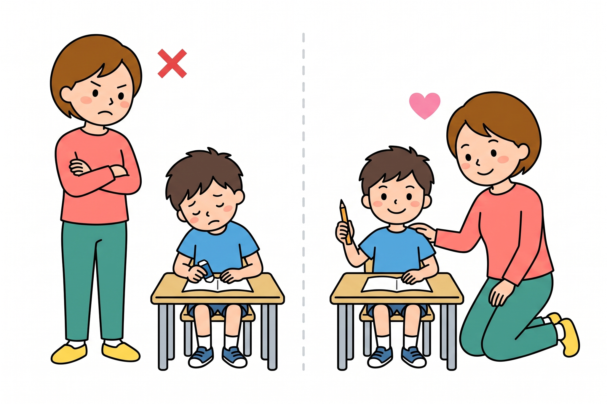 NG声かけとOK声かけを対比する親子のイラスト