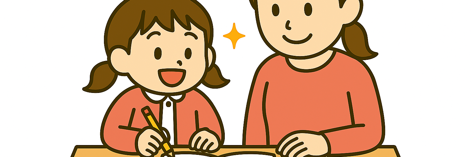 親子で一緒に筆算の練習に取り組む、ノートと鉛筆を使うちびキャラクターと母親のイラスト