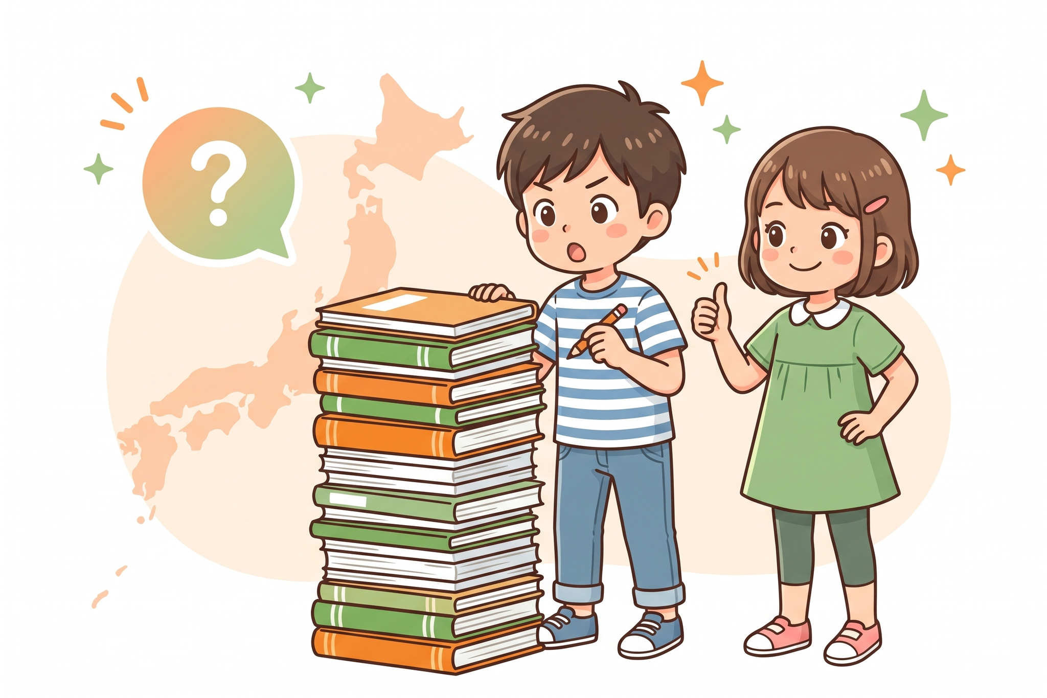分厚い漢字ドリルを前に、少し驚きながらも意気込む小4の男の子と女の子のイラスト