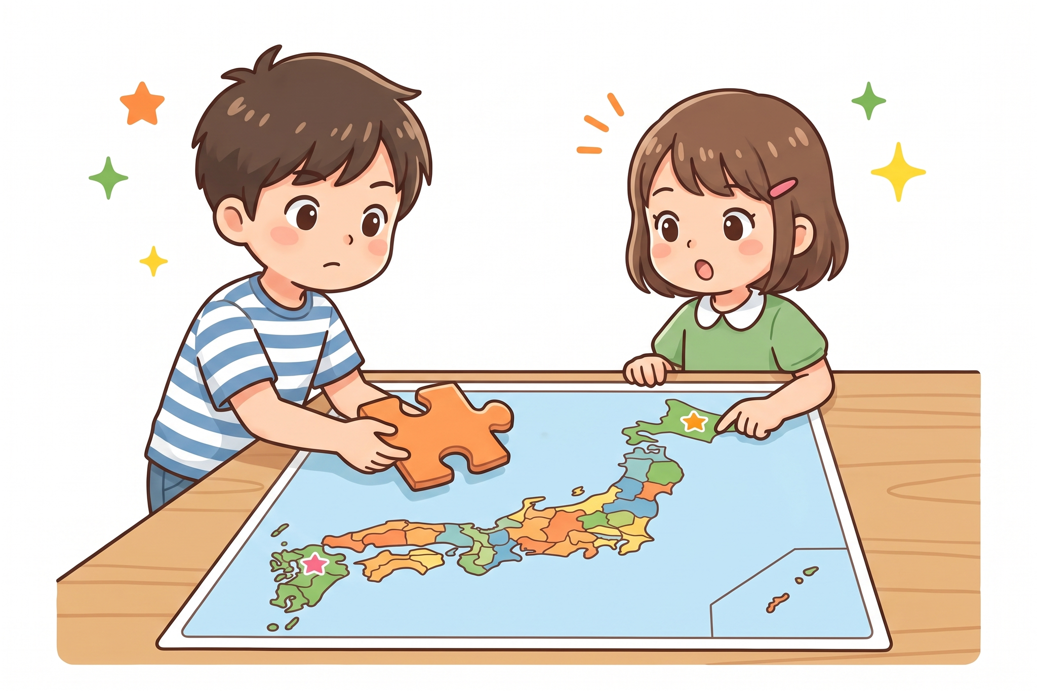 日本地図のパズルに取り組みながら都道府県の漢字を覚える小4の男の子と女の子のイラスト