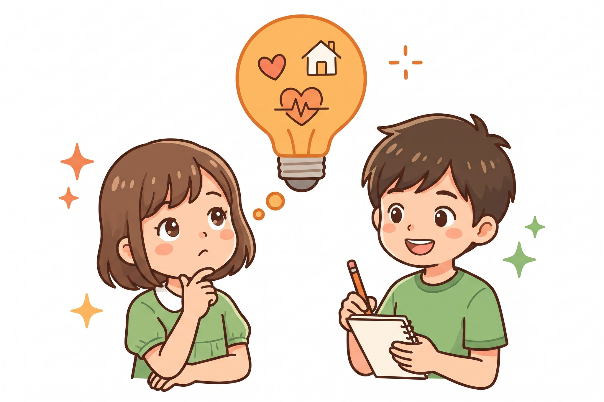 熟語の意味がわかった瞬間の『ひらめき』を表現する、電球の吹き出しと小4の男の子と女の子のイラスト
