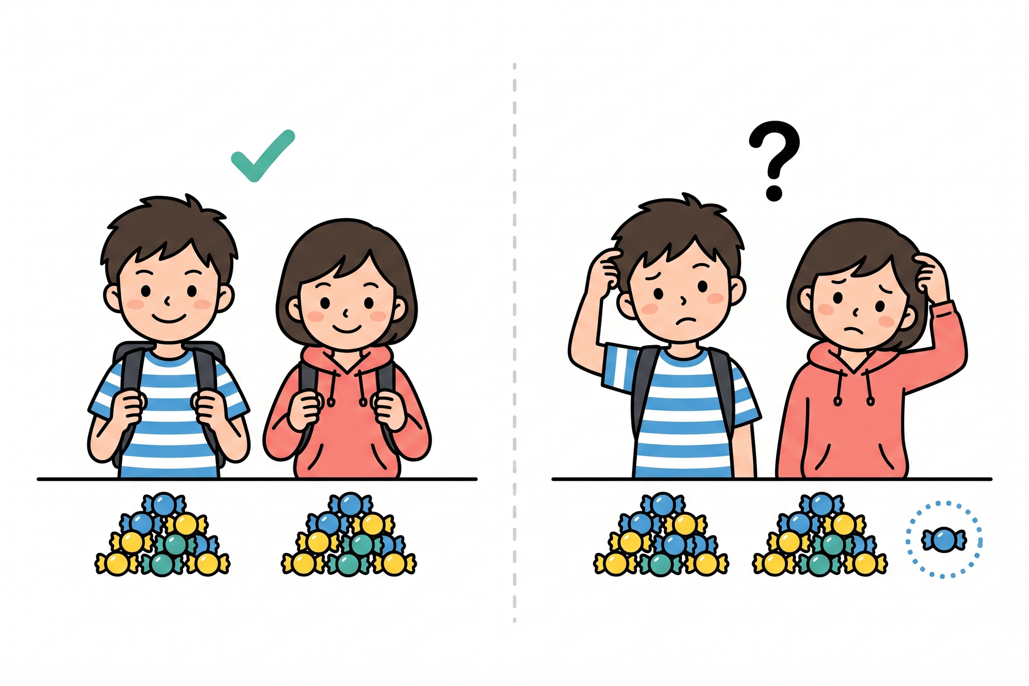 割り切れるわり算とあまりが出るわり算の違いに戸惑う小学3年生の男の子と女の子のイラスト、あめ玉を分ける様子で表現