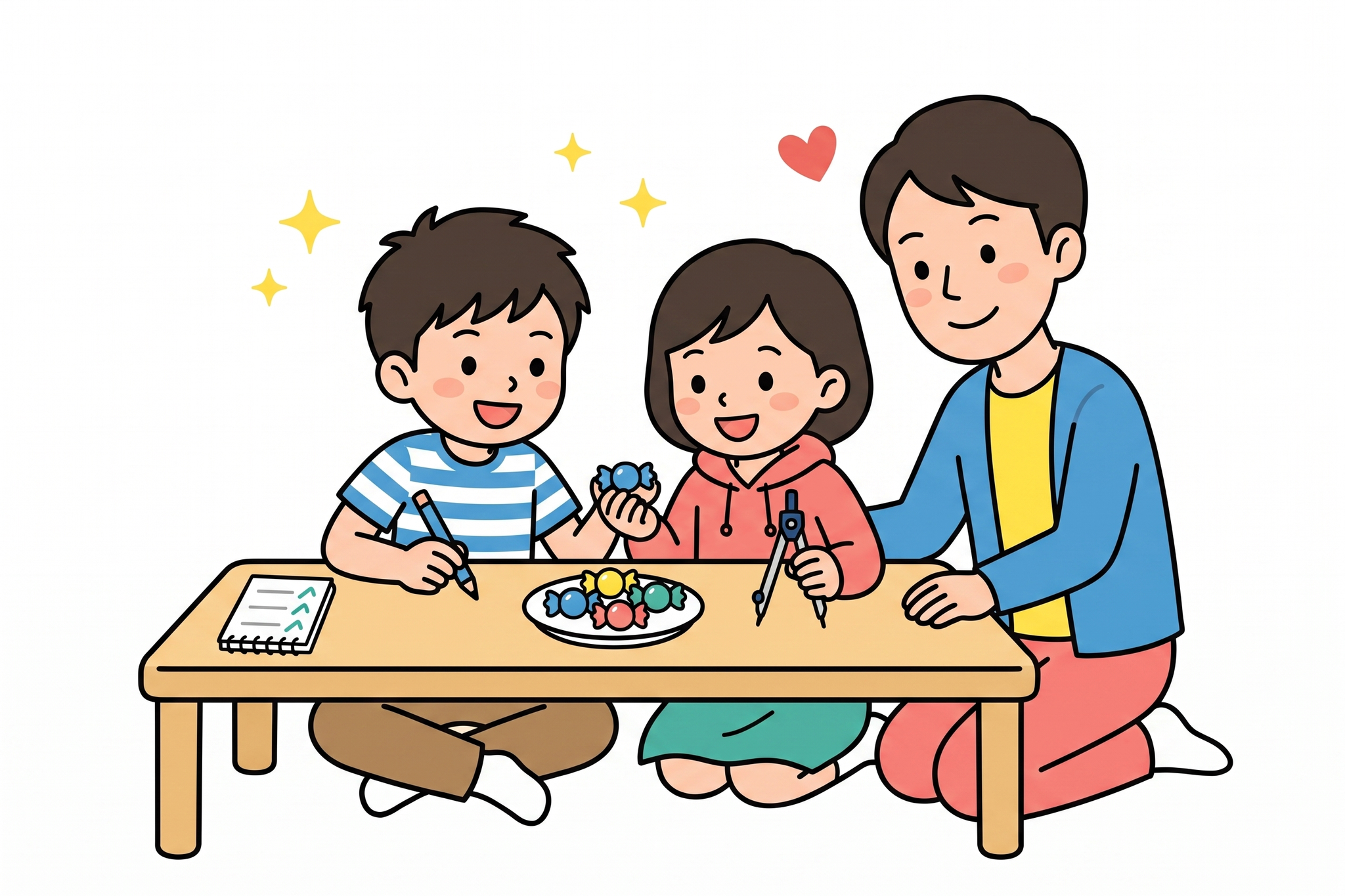 親子で一緒にあめ玉を分けながらわり算の練習をする様子のイラスト、チェックリストで毎日の反復練習を表現