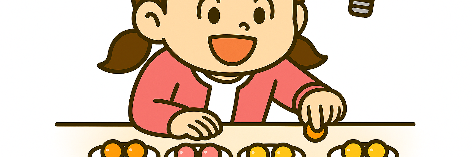 あめ玉を3個ずつのお皿に分けてかけ算の意味を体感する女の子のちびキャラクターイラスト