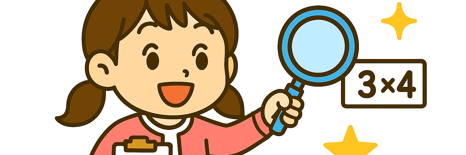クリップボードと虫眼鏡で九九の定着度を確認する女の子のちびキャラクターイラスト