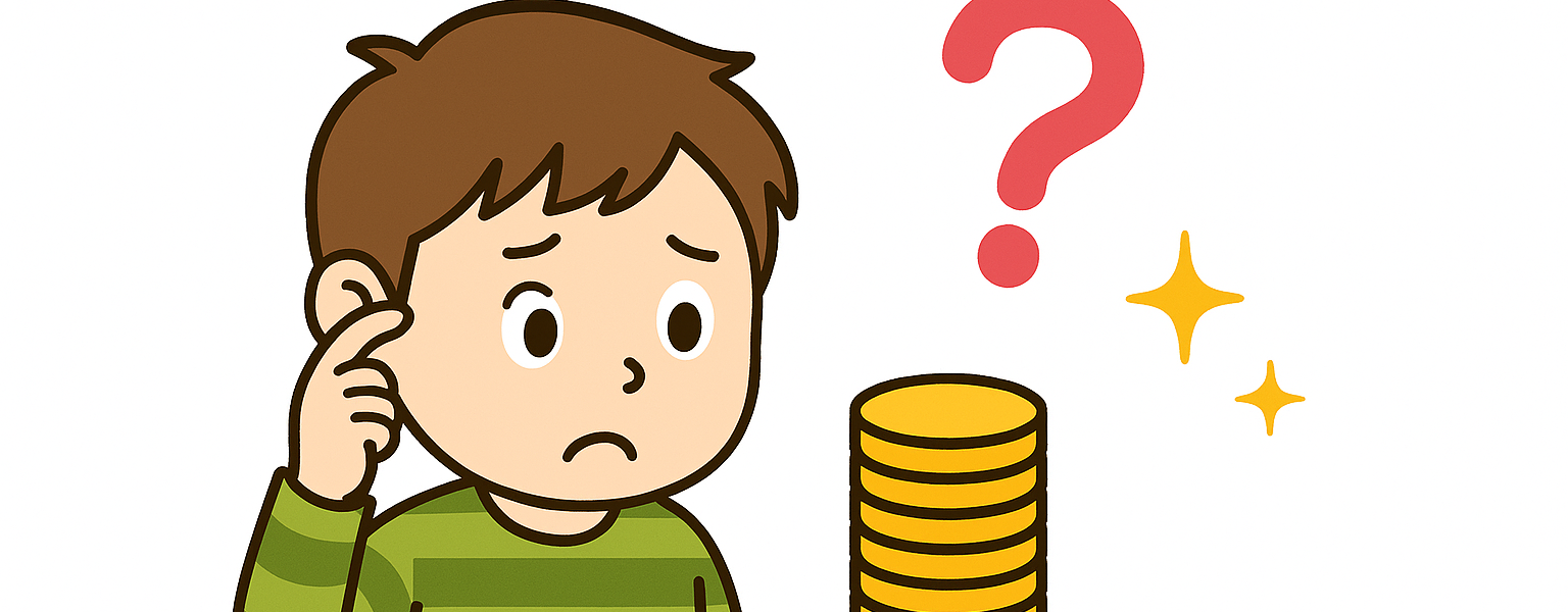 13から7を引けずに困っている男の子と、はてなマークとコインの山のイラスト。くり下がりのあるひきざんでつまずくイメージ